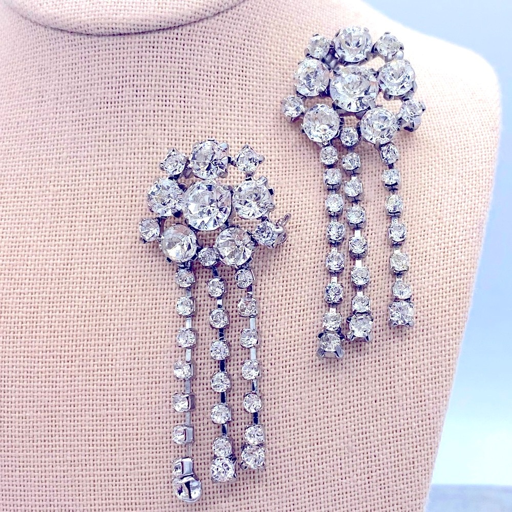 Vintage Silver Toned Dangling Clear Rhinestone Pins/Brooches Set Of Two Sparkle